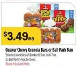 Bashas' Quaker Chewy Granola Bars or Ball Park Bun offer