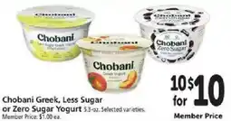 Safeway Chobani Greek, Less Sugar or Zero Sugar Yogurt offer