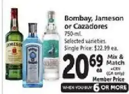 Safeway Bombay, Jameson or Cazadores offer