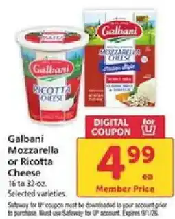 Safeway Galbani Mozzarella or Ricotta Cheese offer