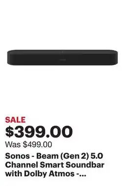 Best Buy Sonos - Beam (Gen 2) 5.0 Channel Smart Soundbar with Dolby Atmos - Black offer