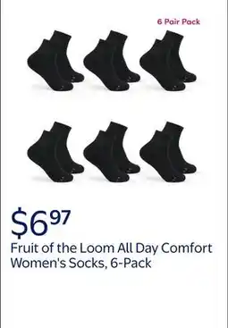 Walmart Fruit of the Loom All Day Comfort Women's Socks, Sizes 4-12, 6-Pack offer