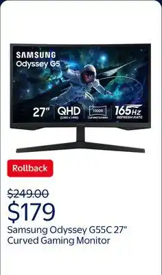 Walmart SAMSUNG 27 Odyssey G55C QHD 165Hz 1ms(MPRT) Curved Gaming Monitor - LS27CG556ENXZA offer