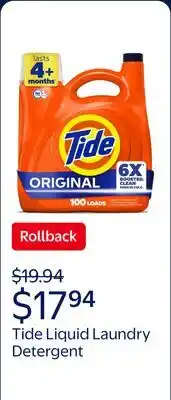 Walmart Tide Laundry Detergent Liquid with 6X Boosted Cleaning Power, Original Scent offer