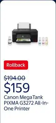 Walmart Canon MegaTank PIXMA G3272 All-In-One, Wireless Color Inkjet Printer for Home Office Use offer