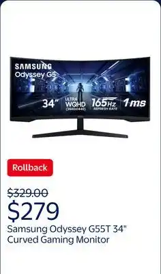Walmart Samsung 34 Odyssey G55T WQHD 165Hz 1ms(MPRT) AMD FreeSync HDR Curved Gaming Monitor - LC34G55TWDNXZA offer