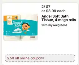 Walgreens Angel Soft Bath Tissue, 4 mega rolls offer