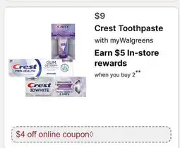 Walgreens Crest Toothpaste offer