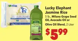 Vallarta Supermarkets Lucky Elephant Jasmine Rice 5 lb., Milano Grape Seed Oil, Avocado Oil or Olive Oil Blend offer
