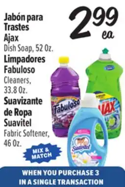 El Super Jabón para Trastes Ajax, Limpadores Fabuloso Cleaners, Suavizante de Ropa Suavitel offer