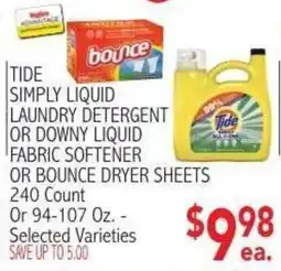 Ingles Markets Tide simply liquid laundry detergent or downy liquid fabric softener or bounce dryer sheets offer