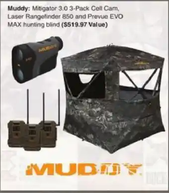 Muddy Mitigator 3.0 3-Pack Cell Cam, Laser Rangefinder 850 and Prevue EVO MAX hunting blind