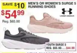 Dunham's Sports Under Armour men's or women's surge 5 running shoes offer