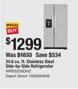 The Home Depot Whirlpool 24.6 cu. ft. Stainless Steel Side-by-Side Refrigerator offer