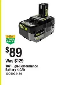 The Home Depot RYOBI 18V High-Performance Battery 4.0Ah offer