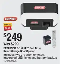 The Home Depot Genie exclusive 1-1/4 hp belt drive smart garage door opener offer