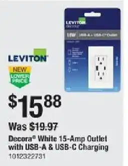 The Home Depot Leviton Decora White 15-Amp Outlet with USB-A & USB-C Charging offer