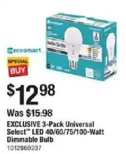 The Home Depot Ecosmart exclusive 3-pack universal select led 40/60/75/100-watt dimmable bulb offer