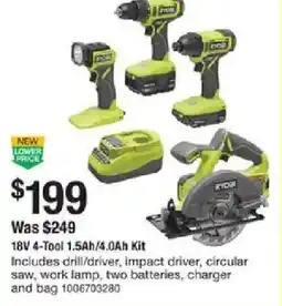 The Home Depot Ryobi 18V 4-Tool Kit offer