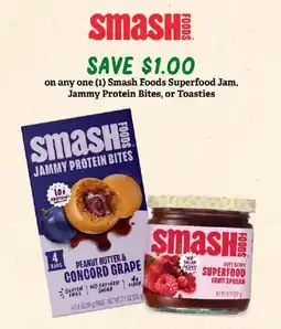 Sprouts Farmers Market Smash Foods Superfood Jam, Jammy Protein Bites, or Toasties offer