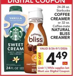 Pete's Fresh Market 24-28 oz. Starbucks COFFEE CREAMER or 32 oz. Coffee-mate NATURAL BLISS CREAMER offer