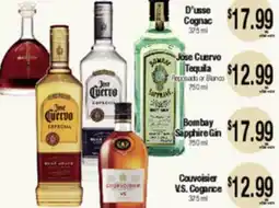 Big Saver Foods D'usse Cognac, Jose Cuervo Tequila, Reposado or Blanco, Bombay Sapphire Gin, Couvoisier V.S. Cognac offer