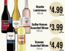 Big Saver Foods Sutter Homes Assorted Wines, Boones Assorted Wines, Riunite Lambrusco offer