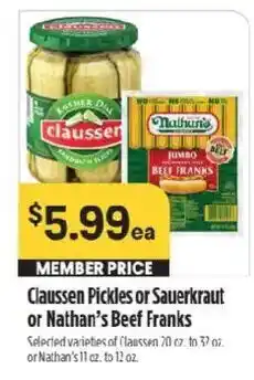 Raley's Claussen Pickles or Sauerkraut or Nathan's Beef Franks offer