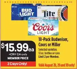 Raley's 18-Pack Budweiser, Coors or Miller offer