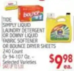 Ingles Markets Tide simply liquid laundry detergent or downy liquid fabric softener or bounce dryer sheets offer