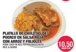 Carnicerias Jimenez Pork chop in red pepper sauce with rice & beans offer