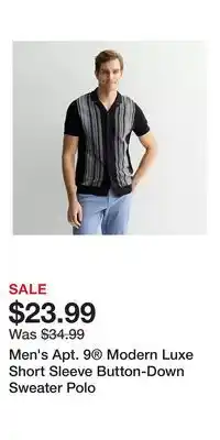 Kohl's Men's Apt. 9 Modern Luxe Short Sleeve Button-Down Sweater Polo offer