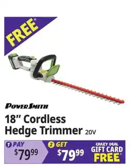 Ocean State Job Lot PowerSmith 18" Cordless Hedge Trimmer 20V offer