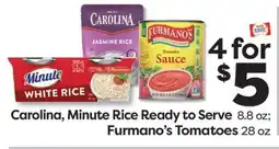 Weis Markets Carolina, Minute Rice Ready to Serve 8.8 oz Furmano's Tomatoes 28 oz offer