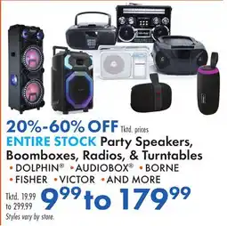 Boscov's ENTIRE STOCK PARTY SPEAKERS, BOOMBOXES, RADIOS, & TURNTABLES offer