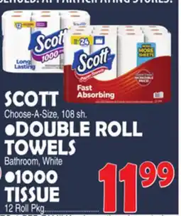 Bravo Supermarkets SCOTT Choose-A-Size, 108 sh. DOUBLE ROLL TOWELS, Bathroom, White OR 1000 TISSUE 12 Roll Pkg offer