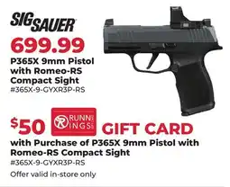 Runnings Sig Sauer P365X 9mm Pistol with Romeo-RS Compact Sight offer