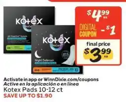 Winn Dixie Kotex Pads 10-12 ct offer