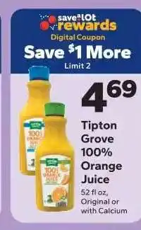 Save a Lot Tipton Grove 100% Orange Juice offer