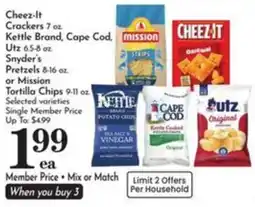 Pavilions Cheez-it crackers, kettle brand, cape cod, utz or mission tortilla chips offer
