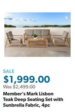 Sam's Club Member's Mark Lisbon Teak Deep Seating Set with Sunbrella Fabric, 4pc offer