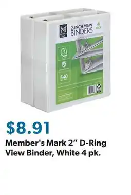 Sam's Club Member's Mark 2 D-Ring View Binder, White 4 pk offer