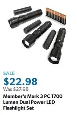 Sam's Club Member's Mark 3 PC 1700 Lumen Dual Power LED Flashlight Set offer