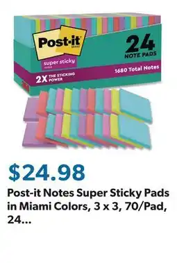 Sam's Club Post-it Notes Super Sticky Pads in Miami Colors, 3 x 3, 70/Pad, 24 Pads/Pack offer