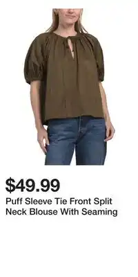 TJ Maxx Puff Sleeve Tie Front Split Neck Blouse With Seaming offer