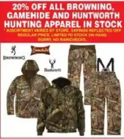 Dunham's Sports Browning, Gamehide and Huntworth hunting apparel offer
