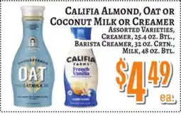 Trade Fair Supermarket CALIFIA ALMOND, OAT OR COCONUT MILK OR CREAMER offer