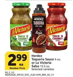 Albertsons Herdez Taqueria Sauce or La Victoria Salsa offer