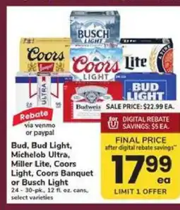 Safeway Bud, Bud Light, Michelob Ultra, Miller Lite, Coors Light, Coors Banquet or Busch Light offer