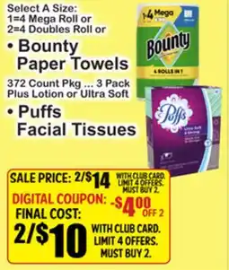 SuperFresh • Bounty Paper Towels • Puffs Facial Tissues offer